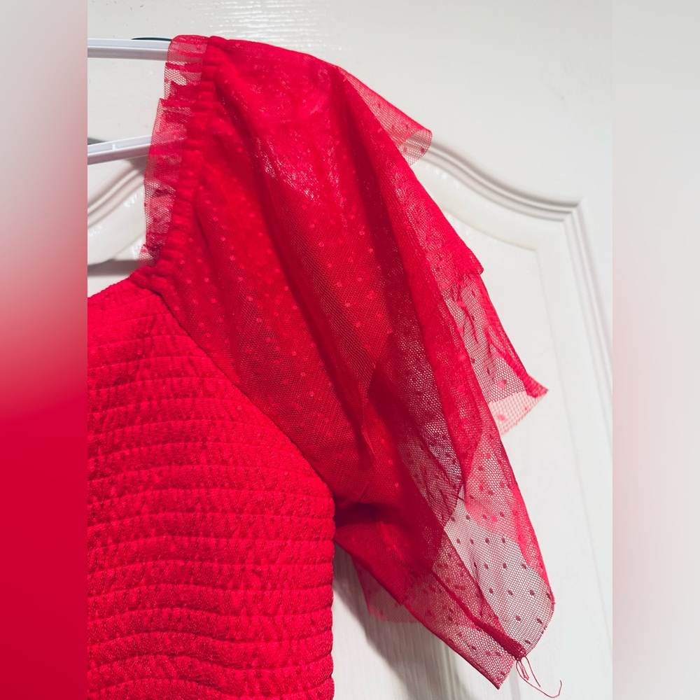 Willow & Root Square-Neck Smocked Puff-Sleeve/tulle Top in Coral - Picture 6 of 15